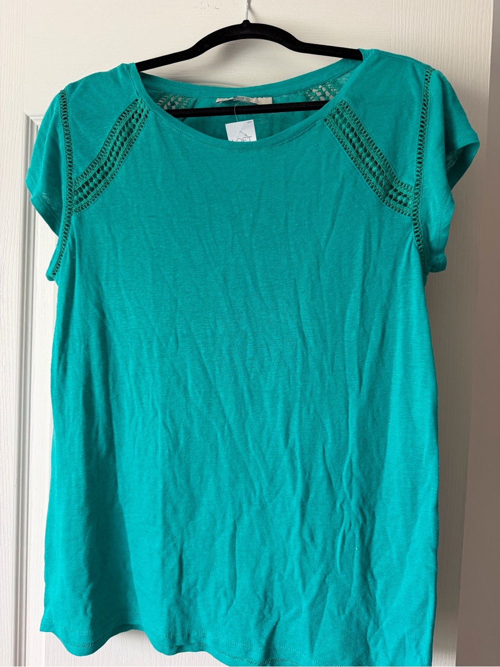 LOFT Teal Short Sleeve Top with Crochet Shoulder Detail